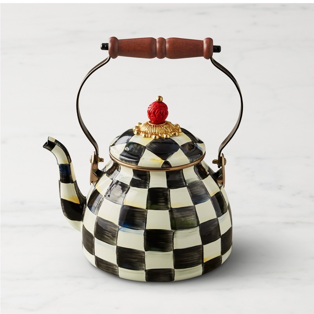 MacKenzie-Childs Black and White Checkered Tea Kettle with Wooden Handle